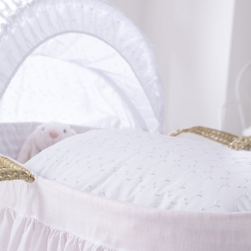 Vintage Broderie Anglaise Palm Moses Basket Bedding Set (With Skirt) showcasing the traditional Moses hood | Moses Basket Dressings | Nursery Bedding & Decor Collections | Nursery Inspiration - Clair de Lune UK