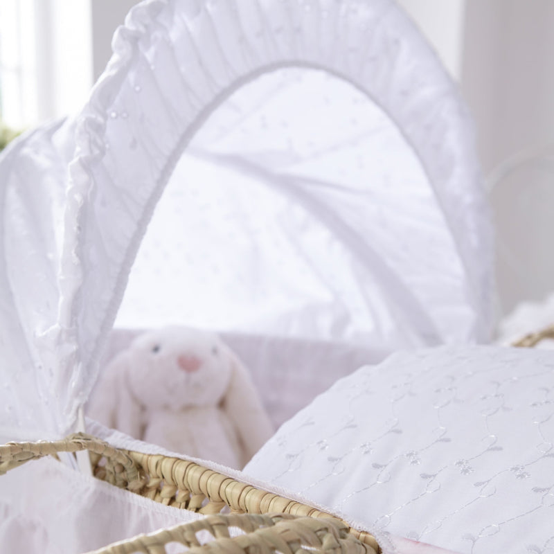 Vinatge Broderie Anglaise Palm Moses Basket Bedding Set (With Skirt) showcasing the dreamy and cosy sleeping space | Moses Basket Dressings | Nursery Bedding & Decor Collections | Nursery Inspiration - Clair de Lune UK