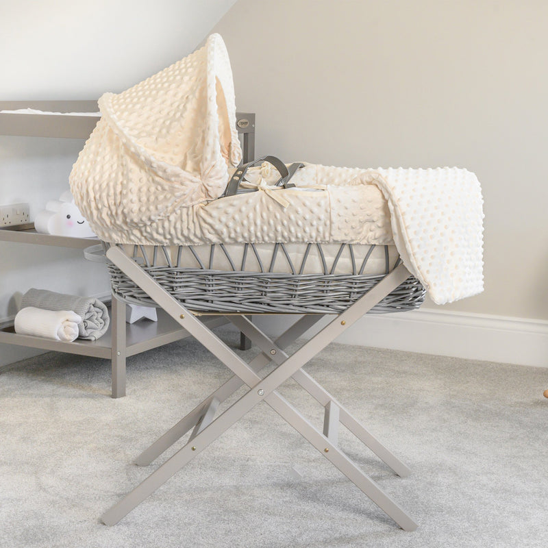 Cream Dimple Grey Wicker Moses Basket on the Grey Self-assembly Folding Stand | Moses Baskets | Co-sleepers | Nursery Furniture - Clair de Lune UK