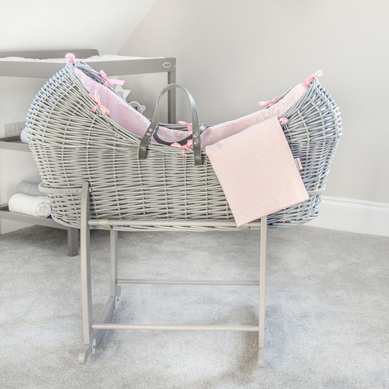 Pink Waffle Grey Wicker Noah Pod® on the Grey Deluxe Rocking Stand | Bassinets | Nursery Furniture - Clair de Lune UK