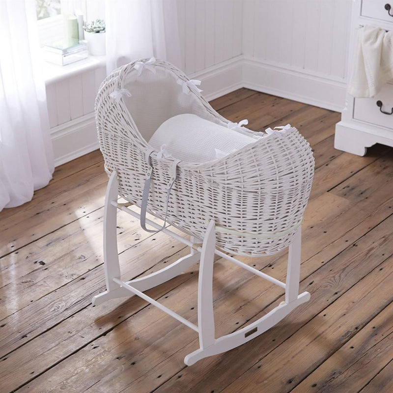 White Waffle White Wicker Noah Pod® on the White Deluxe Rocking Stand | Bassinets | Nursery Furniture - Clair de Lune UK