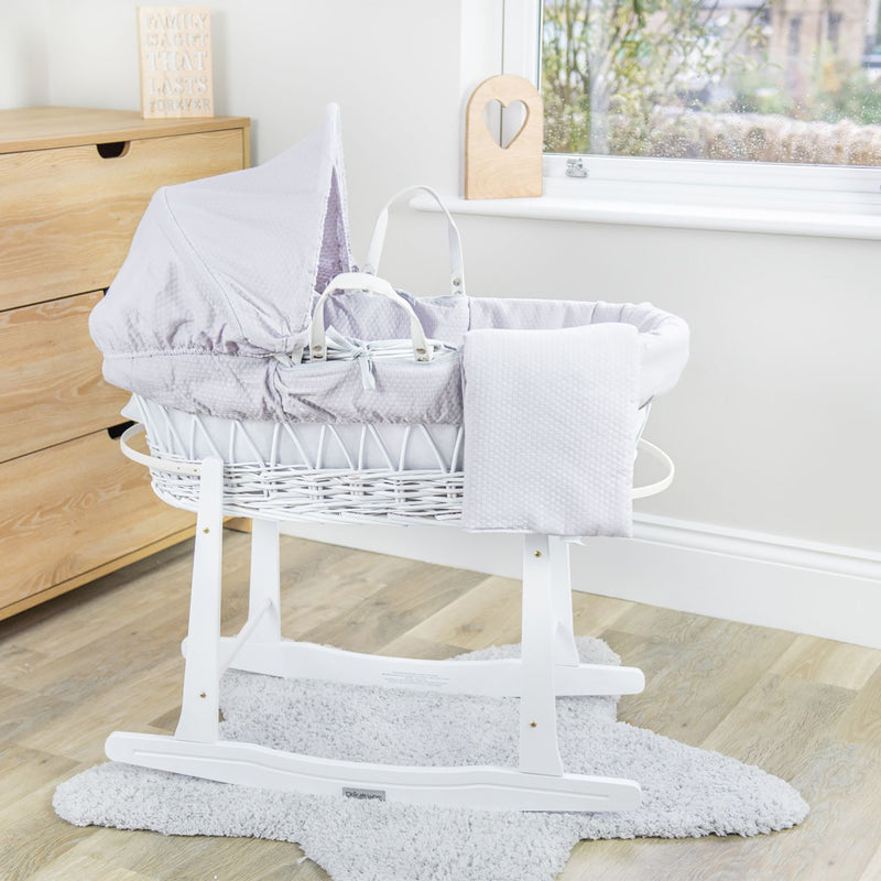 Grey Cotton Dream White Wicker Moses Basket on a white Standard Rocking Stand | Moses Baskets | Co-sleepers | Nursery Furniture - Clair de Lune UK