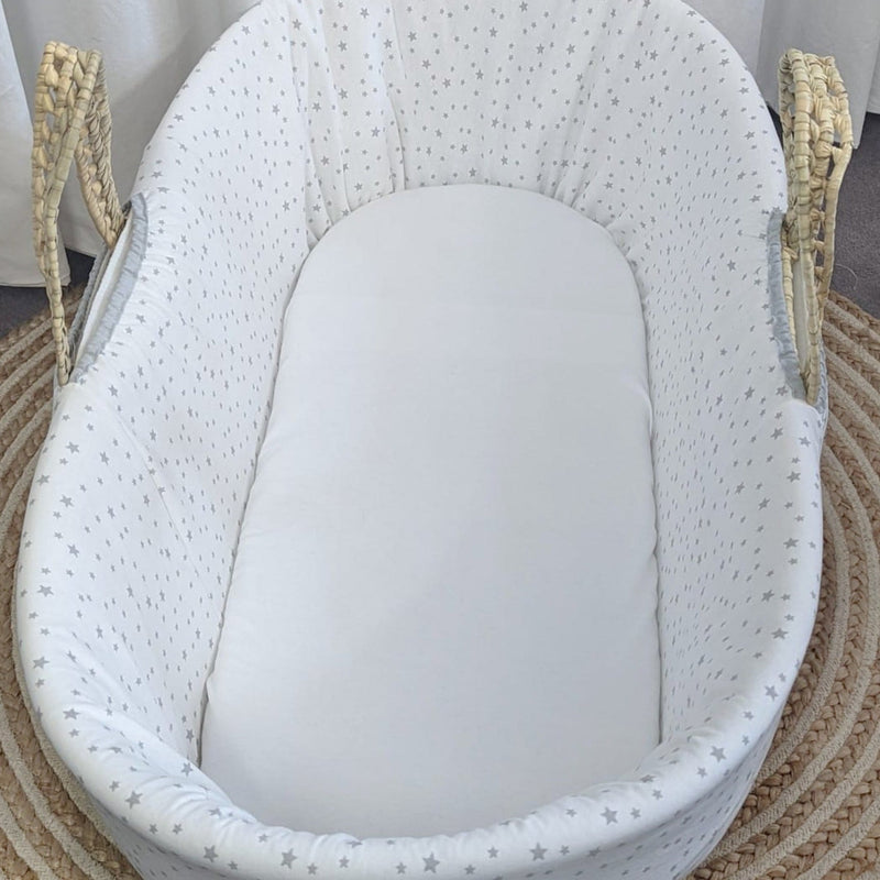 Palm Moses Basket Mattress Protector fitting perfectly on top of the mattress in your baby's Moses basket | Soft Baby Sheets | Cot, Cot Bed, Pram, Crib & Moses Basket Bedding - Clair de Lune UK
