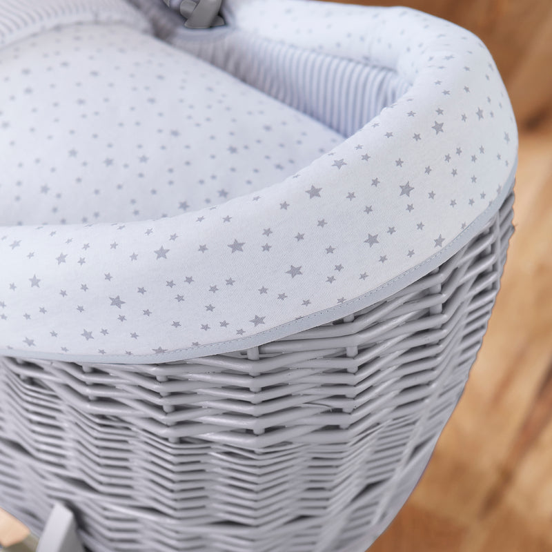 Stars & Stripes Grey Wrapover® Noah Pod® with the star print dressing, coverlet and sturdy grey wicker | Bassinets | Nursery Furniture - Clair de Lune UK