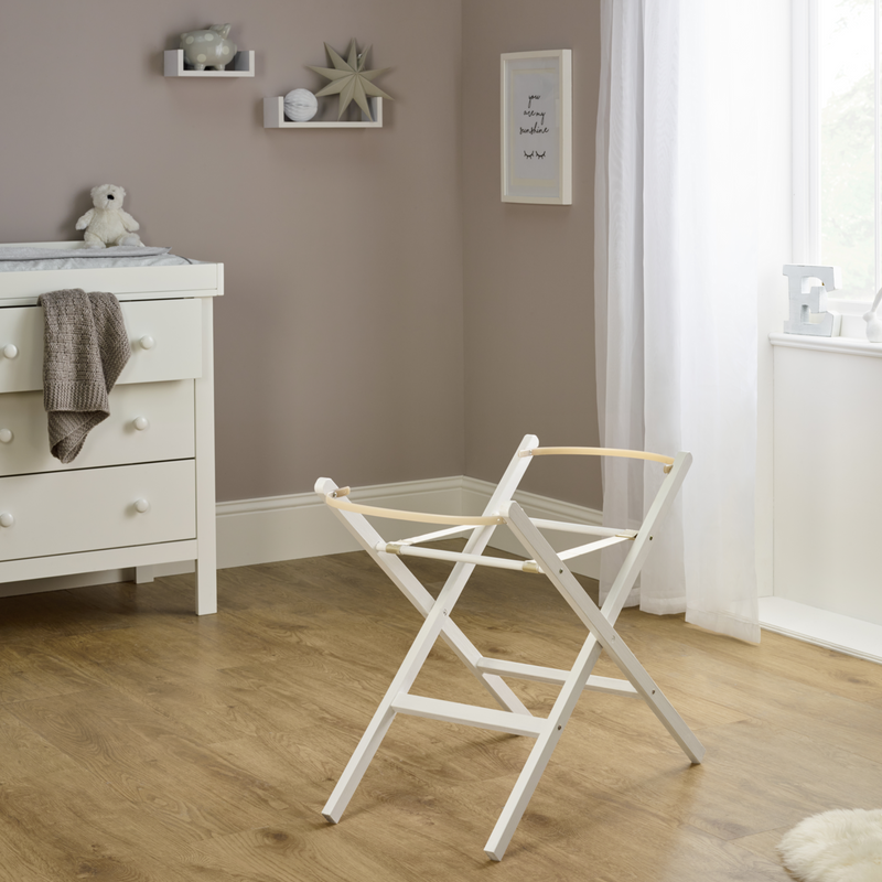 White Self Assembly Wooden Folding Moses Basket Stand in a nursery room | Moses Basket Stands | Moses Baskets and Stands | Co-sleepers | Nursery Furniture - Clair de Lune UK