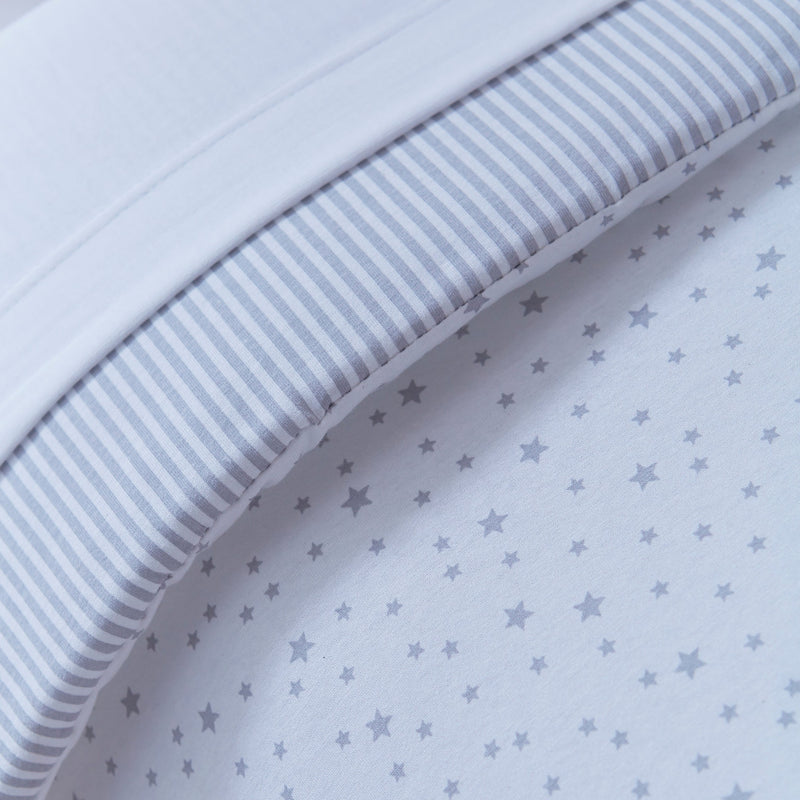 The star print of the Grey Stars & Stripes 2 Pack Fitted Cot Sheets - 120 x 60 cm | Soft Baby Sheets | Cot, Cot Bed, Pram, Crib & Moses Basket Bedding - Clair de Lune UK