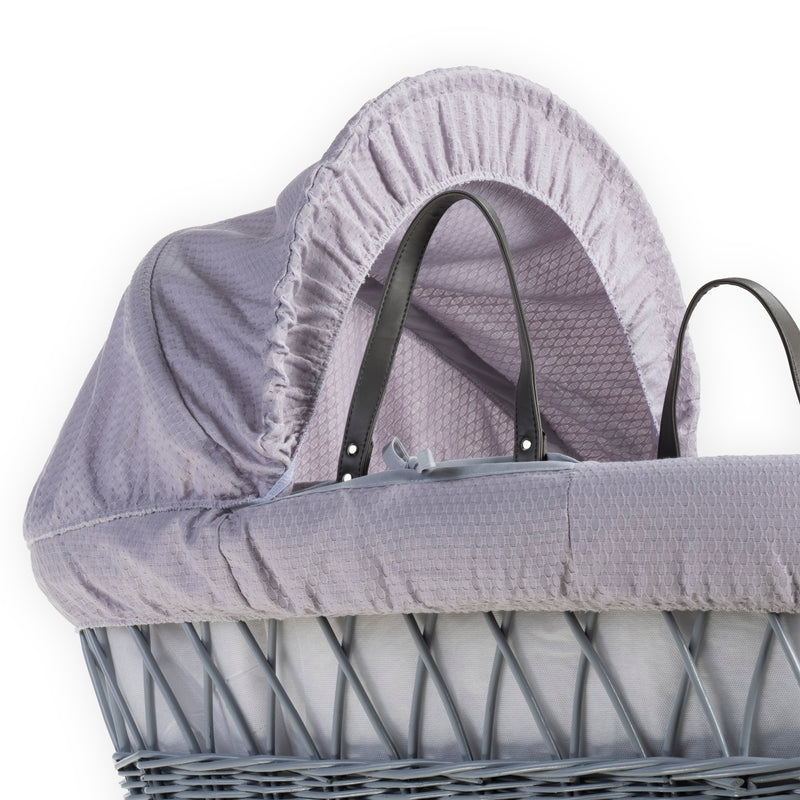 Grey Cotton Dream Grey Wicker Moses Basket, made from breathable fabric featuring a delicate, honeycomb-like subtle pattern, showing the sturdy vegan leather carry handles, matching hood and coverlet | Co-sleepers | Nursery Furniture - Clair de Lune UK