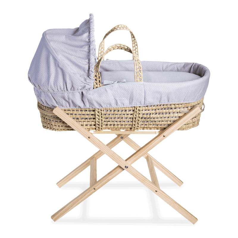Grey Cotton Dream Palm Moses Basket on the Natural Compact Folding Moses Basket Stand | Moses Baskets and Stands | Co-sleepers | Nursery Furniture - Clair de Lune UK