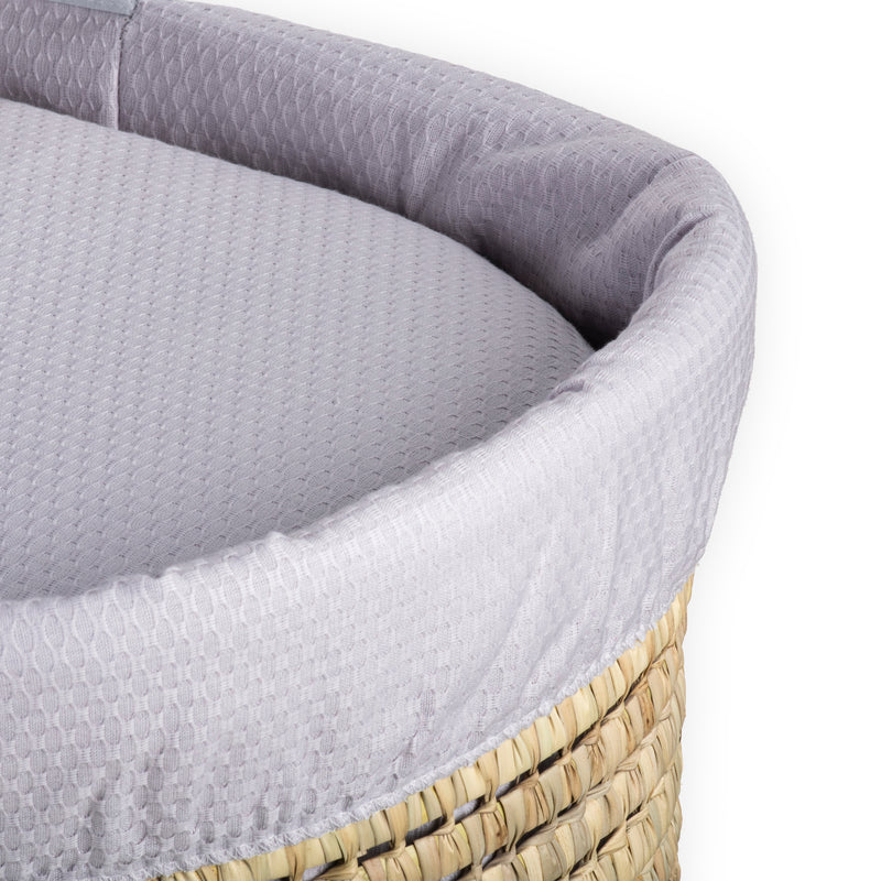 Grey Cotton Dream Palm Moses Basket showcasing the breathable honeycomb pattern dressing and coverlet | Moses Baskets | Co-sleepers | Nursery Furniture - Clair de Lune UK