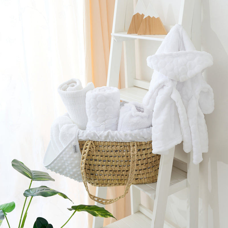 Komfies Marshmallow Baby Dressing Gown in a gift basket | Dressing Gowns & Ponchos | Bathing & Changing Essentials - Clair de Lune UK
