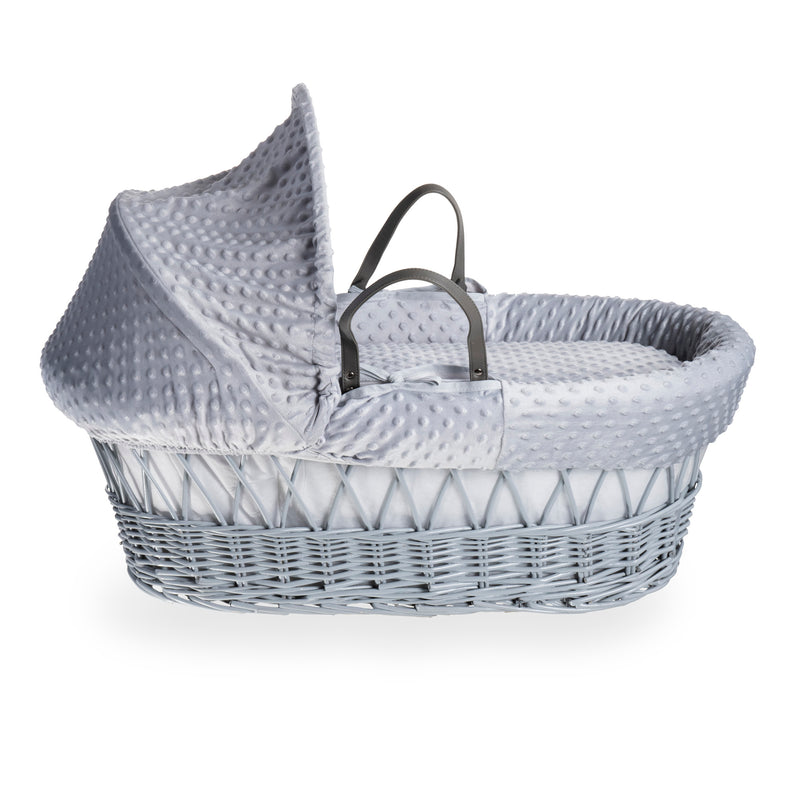 Grey Dimple Grey Wicker Moses Basket coming complete with an adjustable, removable hood, padded liner that covers the interior walls of the basket, two carry handles, a coverlet, and a firm, hypoallergenic fibre mattress | Moses Baskets | Co-sleepers | Nu