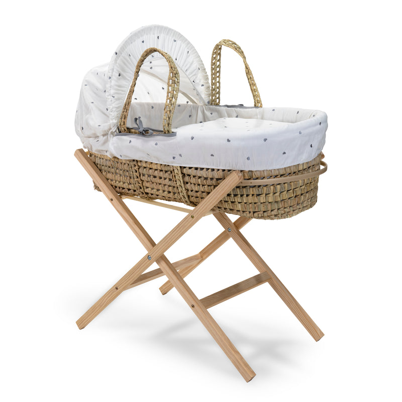 Lullaby Hearts Palm Moses Basket on the Natural Compact Folding Stand | Moses Baskets | Co-sleepers | Nursery Furniture - Clair de Lune UK