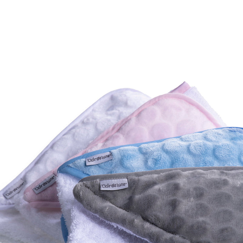 Marshmallow Hooded Towels in four colours with hoods zoomed in | Baby Bathing & Changing Essentials - Clair de Lune UK