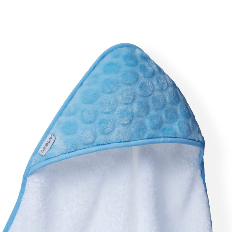 Blue Marshmallow Hooded Towel with the blue marshmallow hooded and the terry towelling zoomed in | Baby Bathing & Changing Essentials - Clair de Lune UK