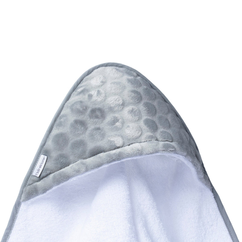Grey Marshmallow Hooded Towel with the grey marshmallow hooded and the terry towelling zoomed in | Baby Bathing & Changing Essentials - Clair de Lune UK