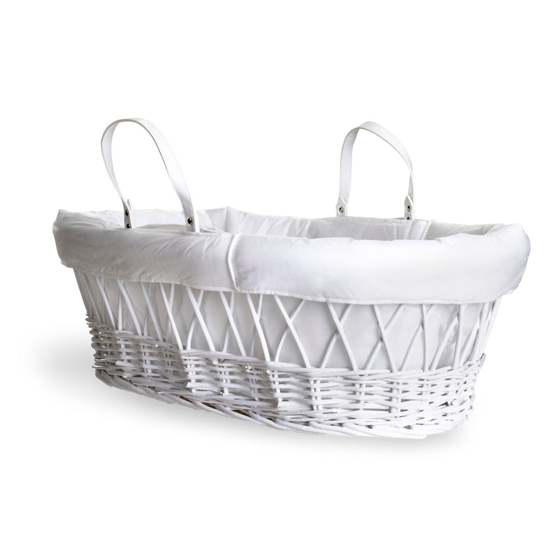 White Quilted Liner for Moses Basket on a white wicker moses basket | Moses Basket Dressings | Nursery Bedding & Decor Collections | Nursery Inspiration - Clair de Lune UK