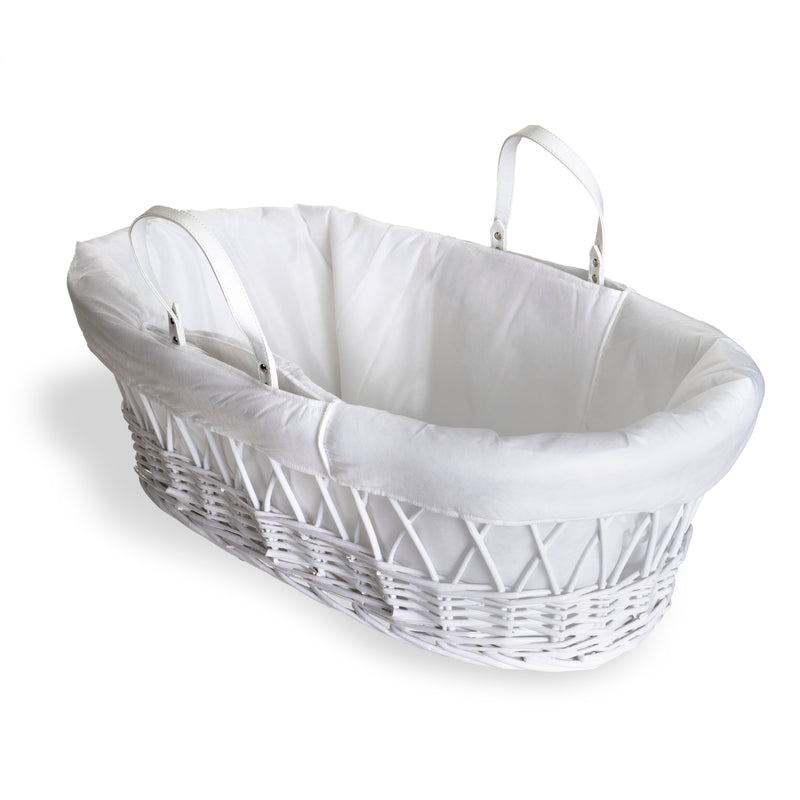 Quilted Liner for Moses Basket on a white wicker moses basket | Moses Basket Dressings | Nursery Bedding & Decor Collections | Nursery Inspiration - Clair de Lune UK