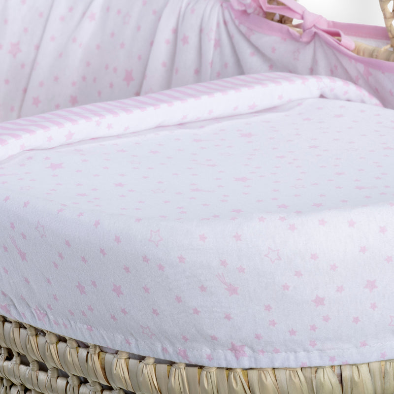 Pink Stars & Stripes Palm Moses Basket showcasing the pink star print dressing and coverlet | Moses Baskets | Co-sleepers | Nursery Furniture - Clair de Lune UK