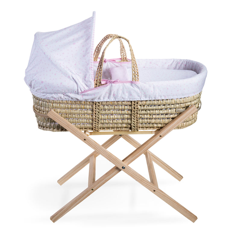 Pink Stars & Stripes Palm Moses Basket on the natural compact folding Moses stand | Moses Baskets | Co-sleepers | Nursery Furniture - Clair de Lune UK