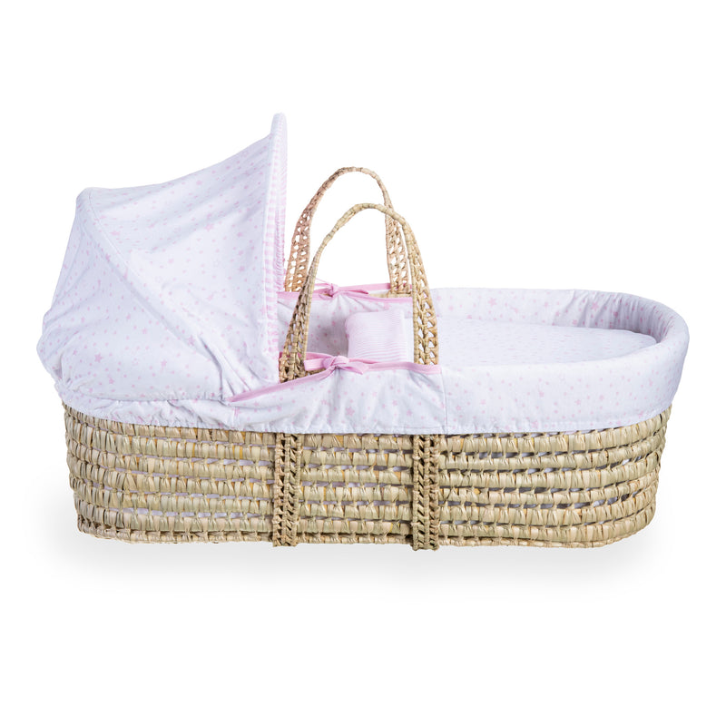 Pink Stars & Stripes Palm Moses Basket showcasing the traditional Moses basket design with a Moses hood | Moses Baskets | Co-sleepers | Nursery Furniture - Clair de Lune UK