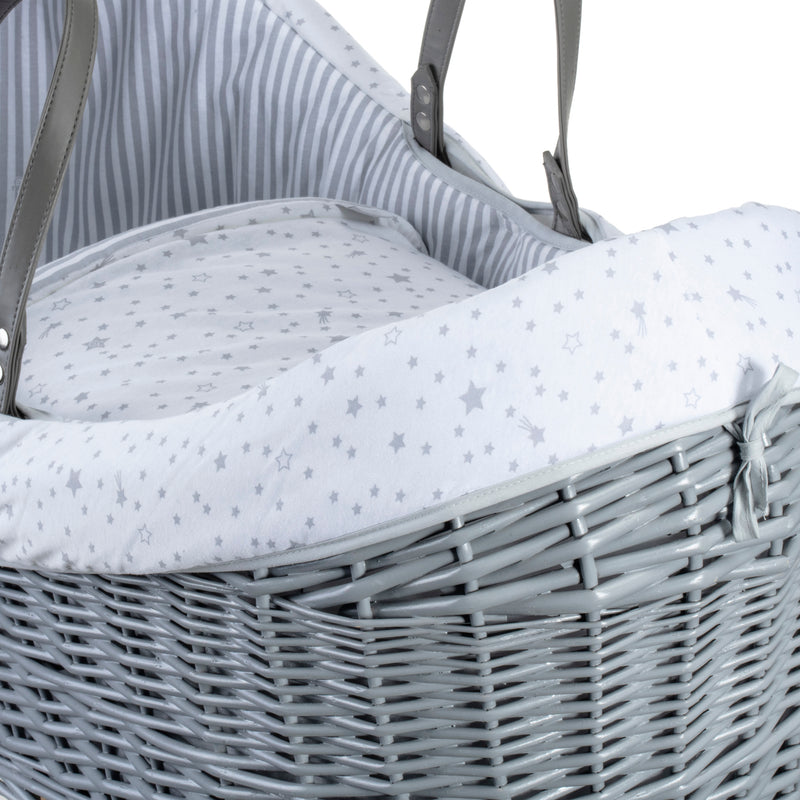 Grey Stars & Stripes Grey Wrapover® Noah Pod® with the star print dressing and sturdy grey wicker | Bassinets | Nursery Furniture - Clair de Lune UK
