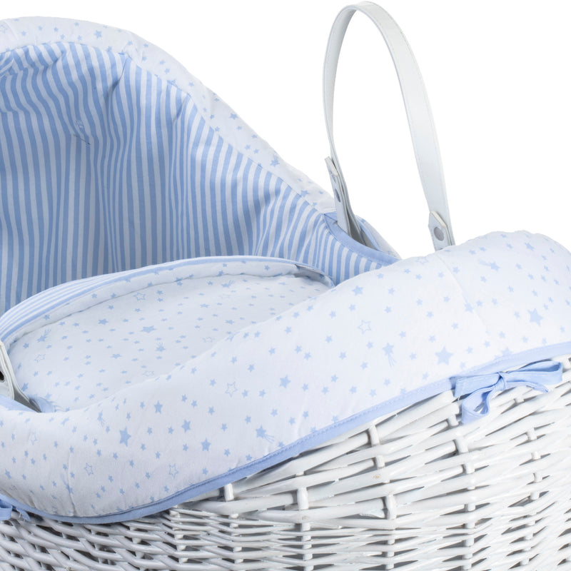 Blue Stars & Stripes White Wrapover® Noah Pod® with the star print dressing and sturdy white wicker | Bassinets | Nursery Furniture - Clair de Lune UK