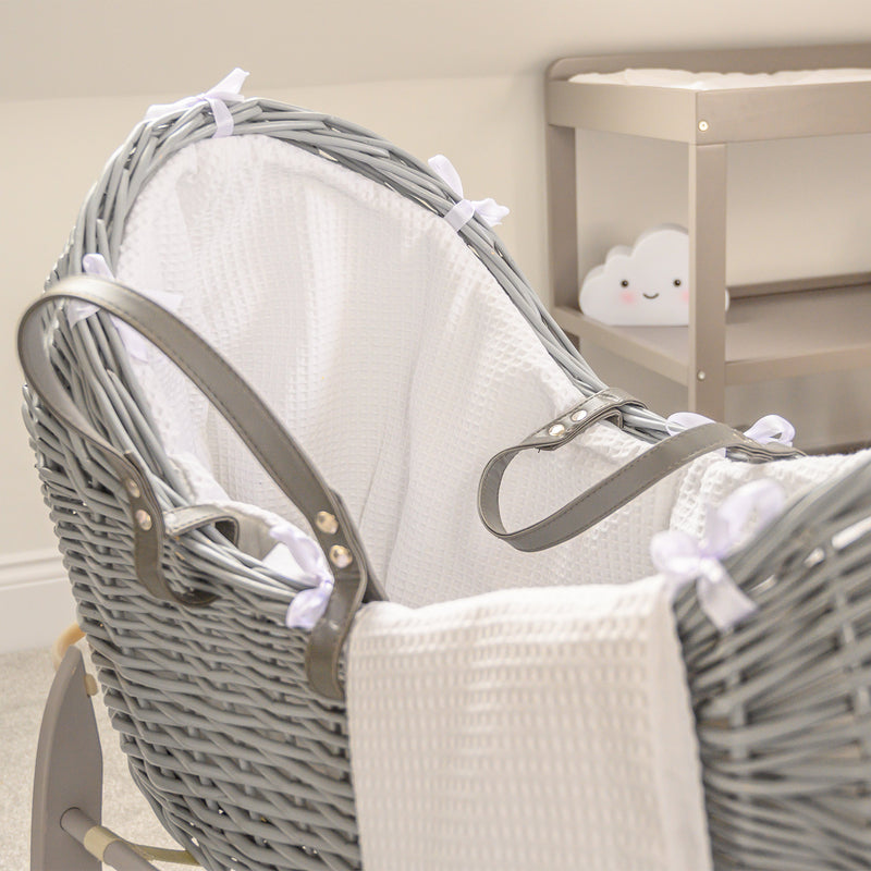 White Waffle Grey Wicker Noah Pod® on the Grey Deluxe Rocking Stand with the matching coverlet | Bassinets | Nursery Furniture - Clair de Lune UK