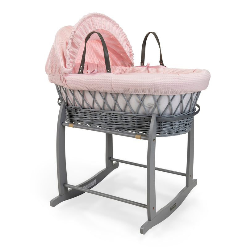 Pink Waffle Grey Wicker Moses Basket on the Grey Deluxe Rocking Stand | Moses Baskets | Co-sleepers | Nursery Furniture - Clair de Lune UK