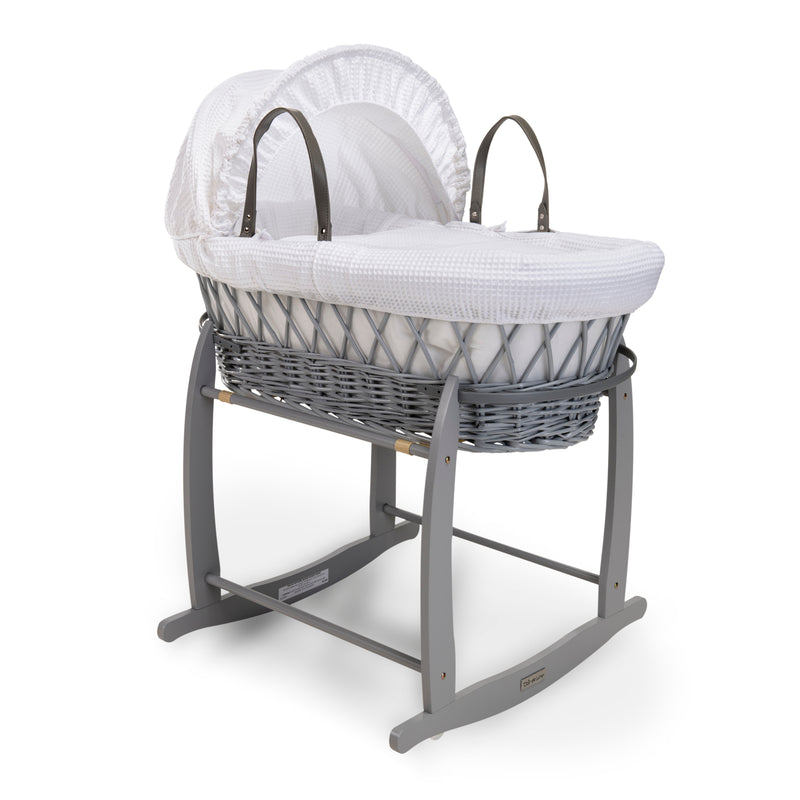 White Waffle Grey Wicker Moses Basket on the Grey Deluxe Rocking Stand | Moses Baskets | Co-sleepers | Nursery Furniture - Clair de Lune UK
