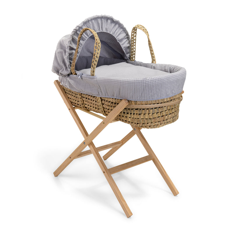 Grey Waffle Palm Moses Basket on the Clair de Lune Natural Compact Folding Moses Stand | Moses Baskets and Stands | Co-sleepers | Nursery Furniture - Clair de Lune UK