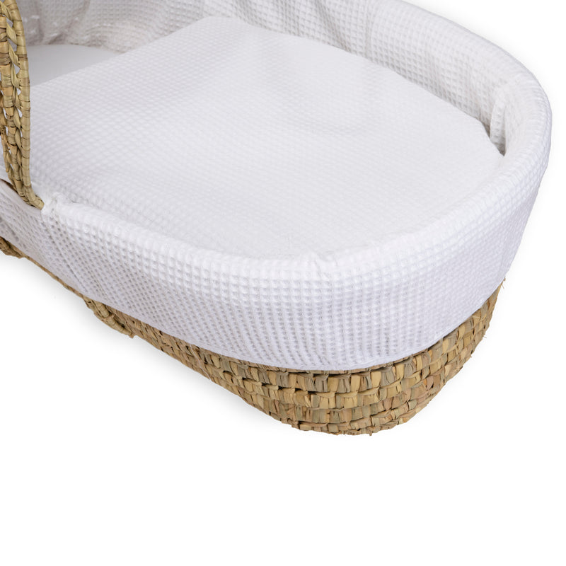 White Waffle Palm Moses Basket showing the soft cotton waffle fabrics | Moses Baskets | Co-sleepers | Nursery Furniture - Clair de Lune UK