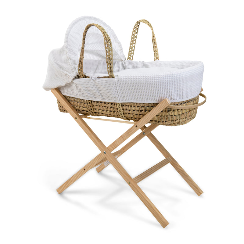 White Waffle Palm Moses Basket on the Clair de Lune Natural Compact Folding Moses Stand | Moses Baskets and Stands | Co-sleepers | Nursery Furniture - Clair de Lune UK