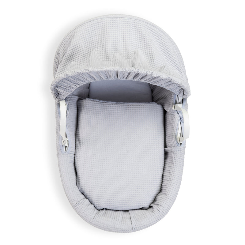 Grey Waffle White Wicker Moses Basket coming complete with detachable, adjustable hood, fibre mattress and coverlet | Co-sleepers | Nursery Furniture - Clair de Lune UK