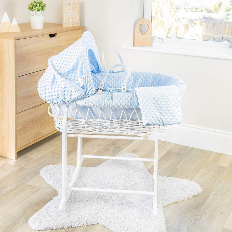 Blue Dimple White Wicker Moses Basket on the White Deluxe Rocking Stand | Moses Baskets | Co-sleepers | Nursery Furniture - Clair de Lune UK