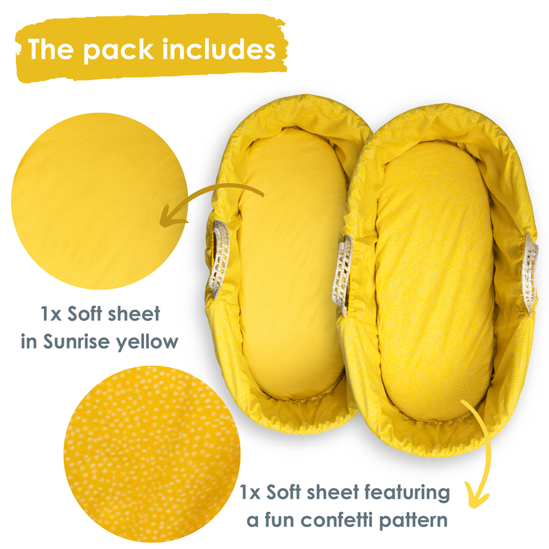 2 Pack Fitted Cotton Colour Pop Moses Basket Sheets in Sunshine Yellow on the Moses mattresses | Soft Baby Sheets | Cot, Cot Bed, Pram, Crib & Moses Basket Bedding - Clair de Lune UK