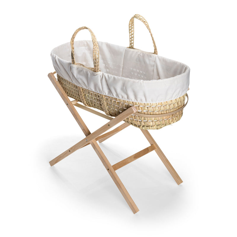 Cream Scandi Palm Moses Basket on the Clair de Lune Natural Compact Folding Moses Stand | Moses Baskets and Stands | Co-sleepers | Nursery Furniture - Clair de Lune UK