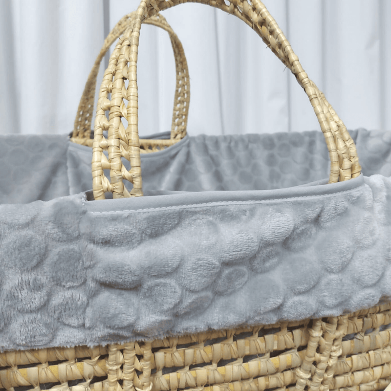 Special Buy - Essentials Moses Basket In Grey With Stand and Blanket with the grey Marshmallow fabric zoomed in | Baby First Bed Bundles - Clair de Lune UK
