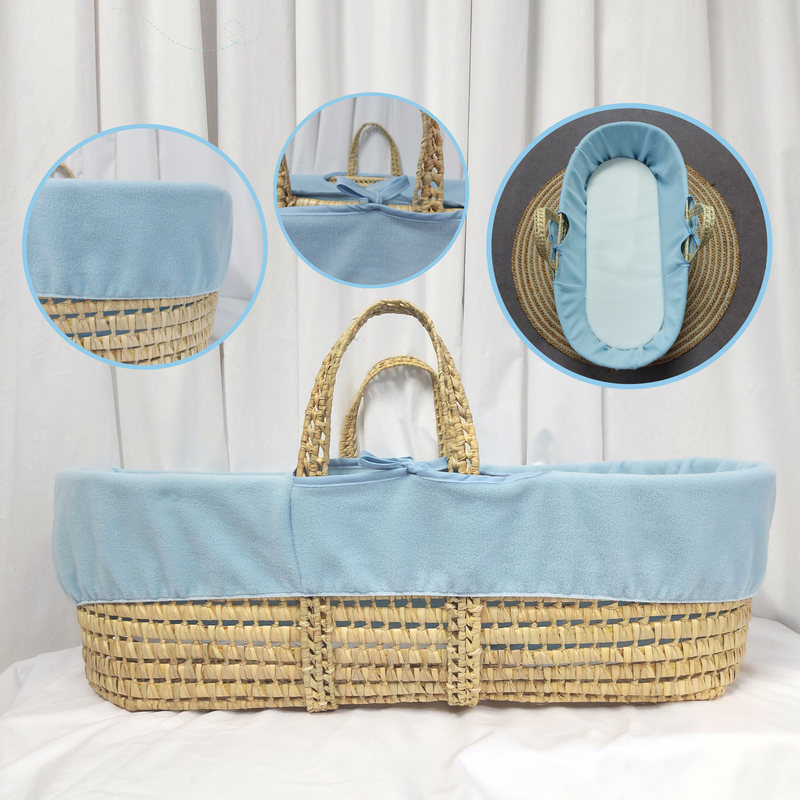 Blue Replacement Fleece Moses Basket Liner on a palm Moses basket | Moses Basket Dressings | Nursery Bedding & Decor Collections | Nursery Inspiration - Clair de Lune UK