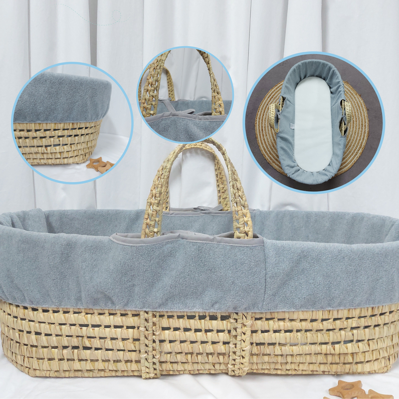 Grey Replacement Fleece Moses Basket Liner on a palm Moses basket | Moses Basket Dressings | Nursery Bedding & Decor Collections | Nursery Inspiration - Clair de Lune UK