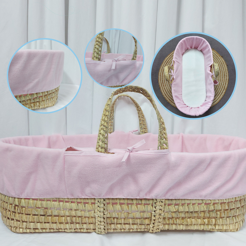 Pink Replacement Fleece Moses Basket Liner on a palm Moses basket | Moses Basket Dressings | Nursery Bedding & Decor Collections | Nursery Inspiration - Clair de Lune UK