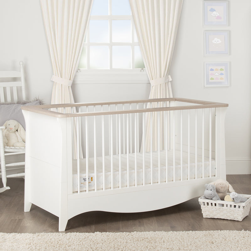 Natural Wood and White CuddleCo Clara Cot Bed in a cream nursery | Cots, Cot Beds, Toddler & Kid Beds | Nursery Furniture - Clair de Lune UK
