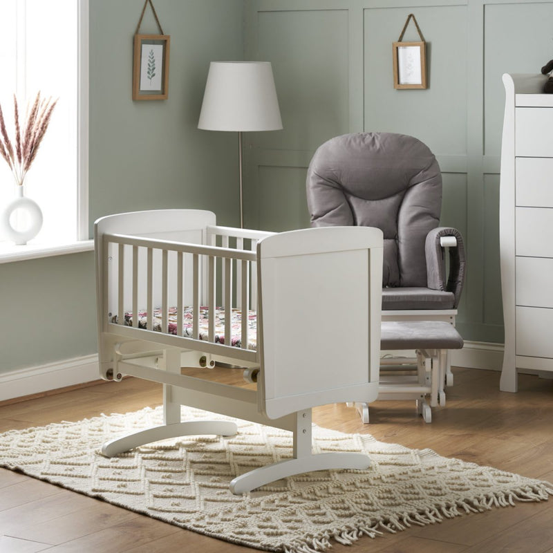 Obaby Gliding Crib in a sage pastel green nursery | Bedside & Folding Cribs | Next To Me Cots & Newborn Baby Beds | Co-sleepers - Clair de Lune UK