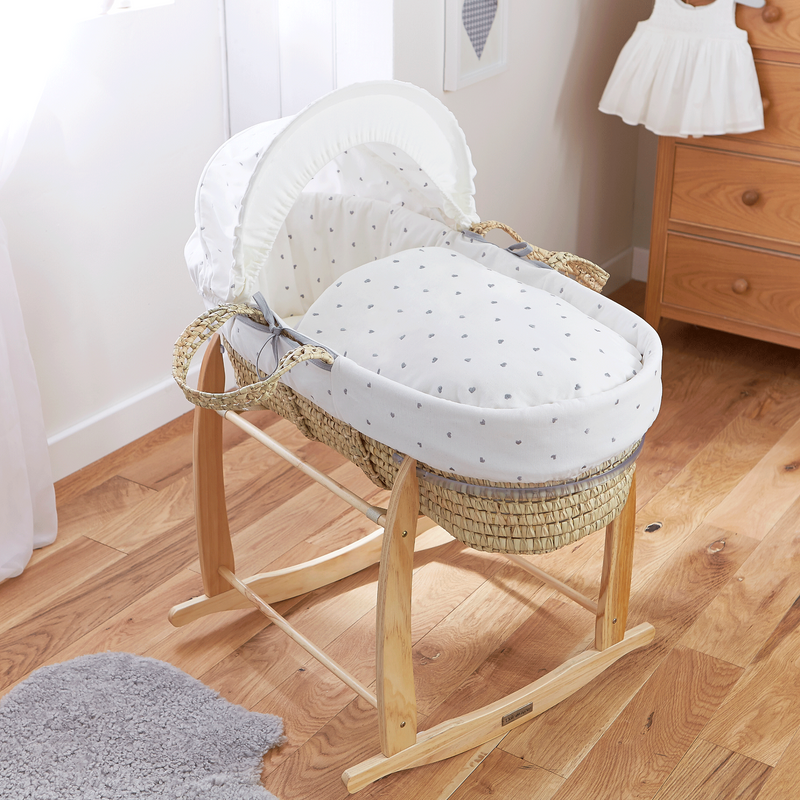 Lullaby Hearts Palm Moses Basket on the Natural Deluxe Rocking Stand in a traditional and minimalist nursery room | Moses Baskets | Co-sleepers | Nursery Furniture - Clair de Lune UK