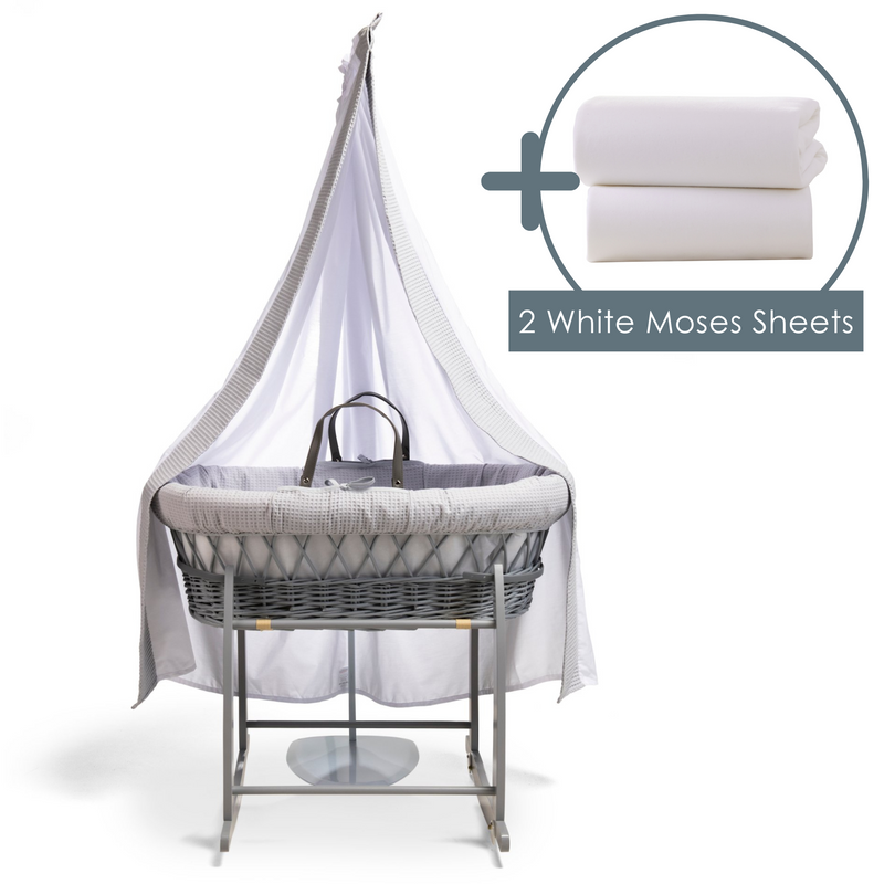 Waffle Grey Wicker Moses Basket Starter Set & Deluxe Drape bundled with a pack of two white Moses basket sheets | Drape Sets | Moses Baskets and Stands | Co-sleepers | Nursery Furniture - Clair de Lune UK
