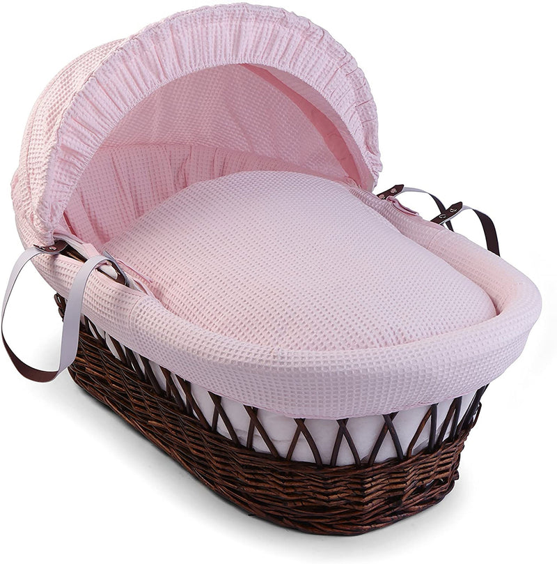 Pink Moses Basket Bedding Set coming complete with a matching coverlet, bassinet dressing and hood made from breathable soft waffle fabrics | Moses Basket Dressings | Nursery Bedding & Decor Collections | Nursery Inspiration - Clair de Lune UK