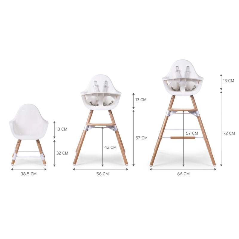 The three different stages of the Natural/White Childhome Evolu 2 Extra Long Legs with Footstep | Highchairs | Feeding & Weaning - Clair de Lune UK
