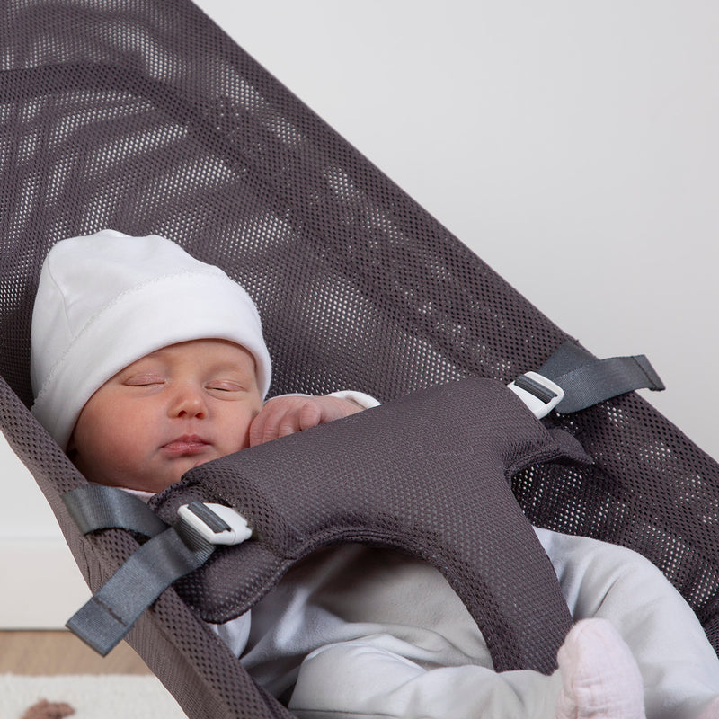 Sleeping baby on the Natural/Anthracite Childhome Evolux Baby Bouncer | Baby Swings, Rockers & Baby Bouncers | Toys - Clair de Lune