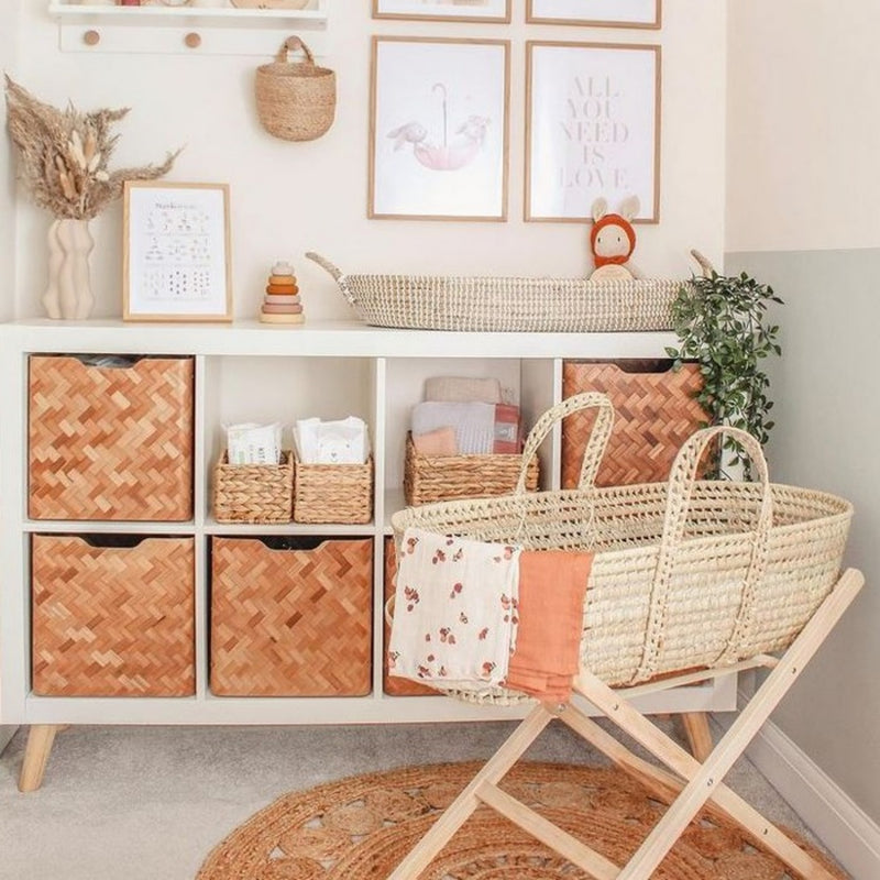 Palm Moses Basket Undressed on the Natural Compact Folding Stand | Moses Baskets | Co-sleepers | Nursery Furniture - Clair de Lune UK