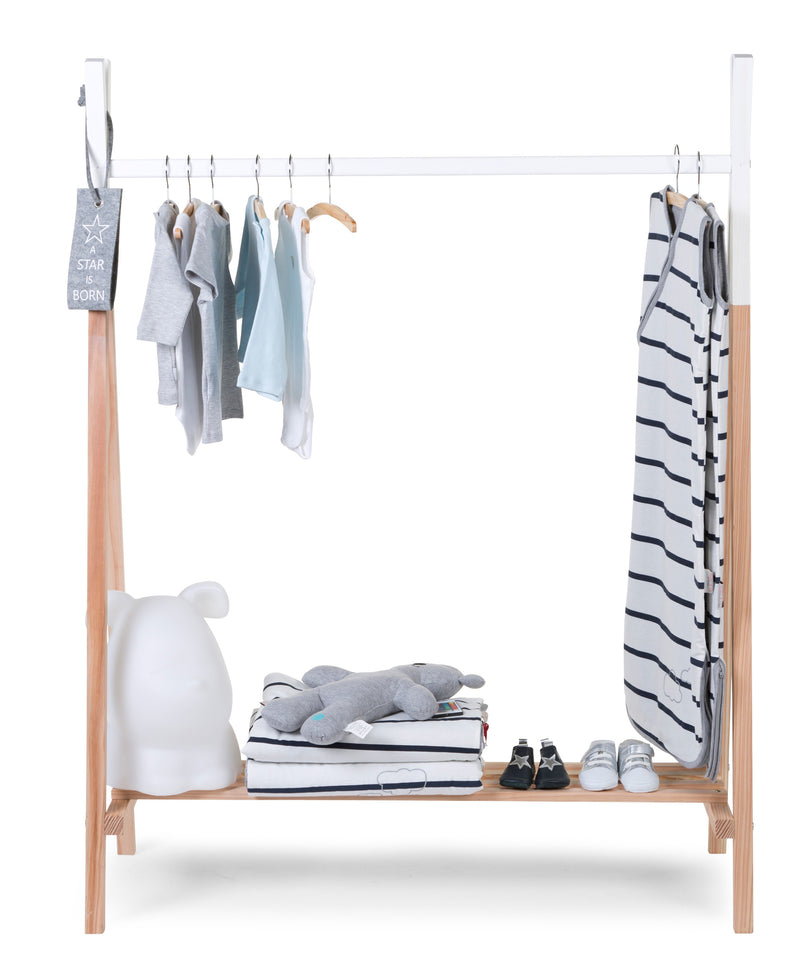 The front of the Childhome Tipi Open Clothes Rack with clothes | Clothes Racks, Wardrobes & Shelves | Storage Solutions | Nursery Furniture - Clair de Lune UK