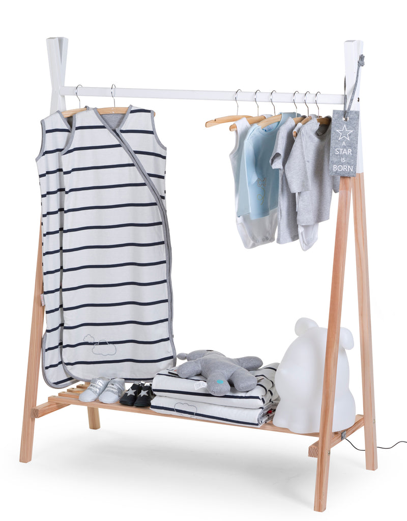 The side of the Childhome Tipi Open Clothes Rack with clothes | Clothes Racks, Wardrobes & Shelves | Storage Solutions | Nursery Furniture - Clair de Lune UK